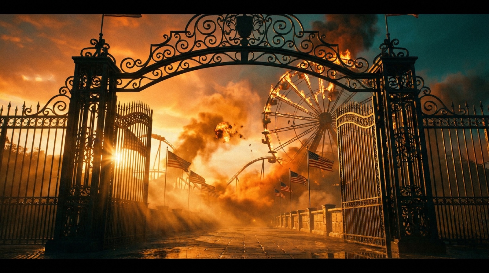 Bayland theme park gate at sunset with fireworks and a burning ferris wheel