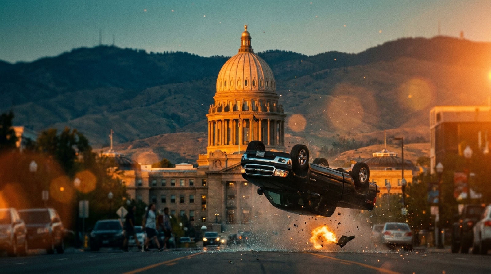 The Idaho State Capitol at sunset with a truck flipping through the air in the foreground