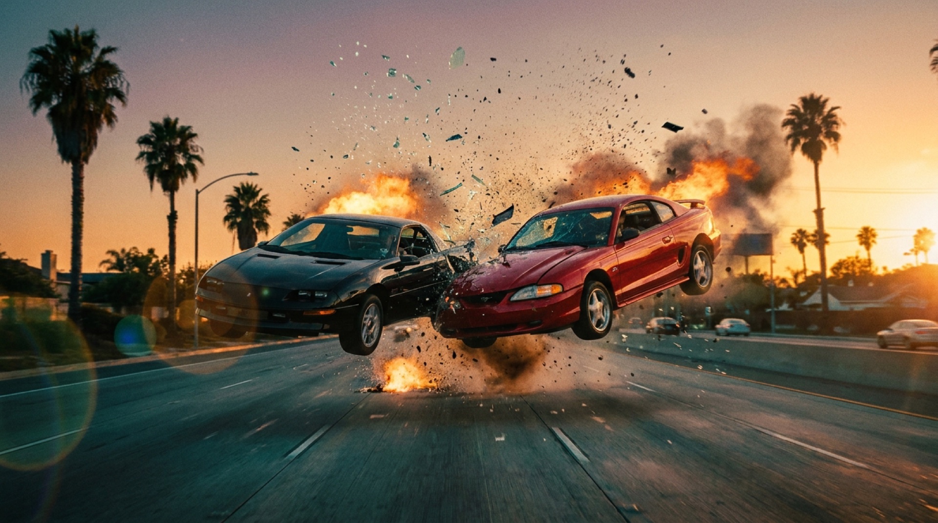 Muscle cars flipping through the air at sunset