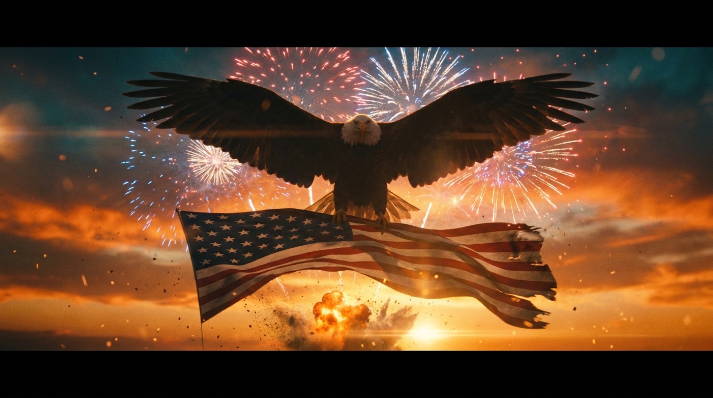 Bald eagle carrying an American flag through fireworks at sunset