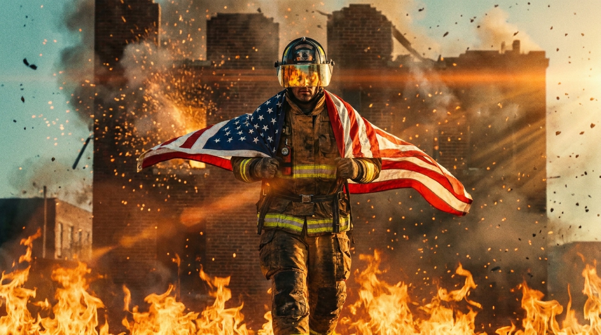 A firefighter walks toward camera through flames wearing an American flag
