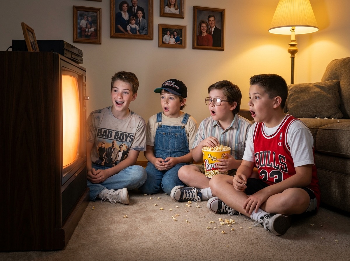 Four kids in 1997 watching a Michael Bay film on a CRT TV